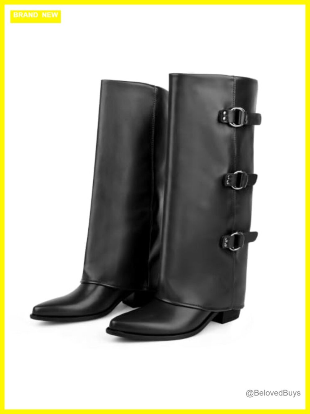 SoundSky Women Knee High Boots Faux Leather Pointed Toe Block Heel Pull-On